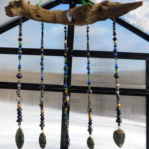(Dragons Jewels) Driftwood Suncatcher Mobile Natural Labradorite abalone beads